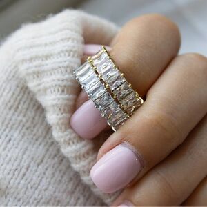 Gold / Silver Eternity Engagement Cubic Zirconia Ring, Baguette Statement Ring
